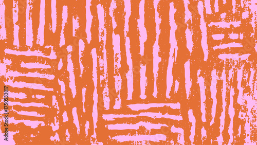 Vertical and horizontal orange paint stripes on pink background texture. Grunge roller marks with dry brush effect for artistic poster design. Cross stripe pattern.