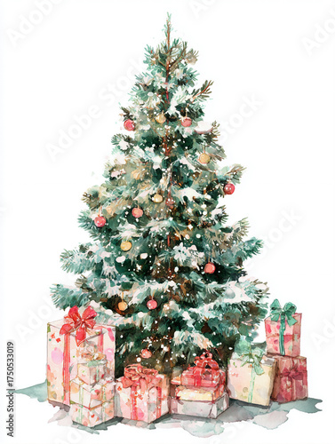 Wallpaper Mural a beautiful watercolor Christmas tree with presents, soft tone, winter vibes. Torontodigital.ca