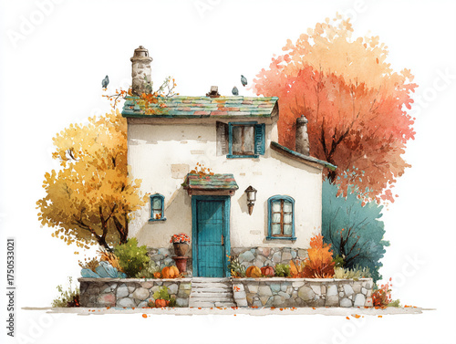 Wallpaper Mural Watercolor Cottage in Autumn, cute, children book illustration. Torontodigital.ca