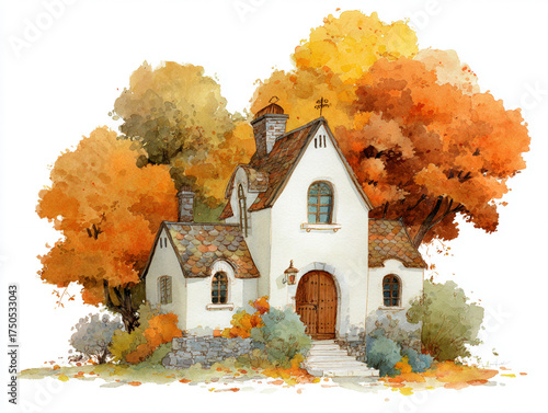 Wallpaper Mural Watercolor Cottage in Autumn, cute, children book illustration. Torontodigital.ca