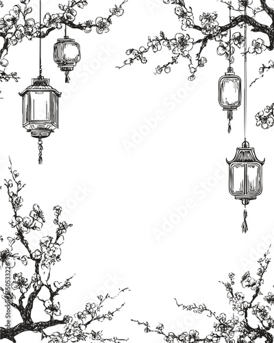 Detailed hand drawn composition with lanterns and blooming branches, oriental floral frame background for design and festive use.
