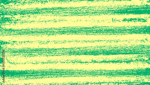 Green grunge chalk stripes on lemon background. Rolled stencil texture with dry brush effect and distressed edges. Vintage roller pattern for poster and print design.