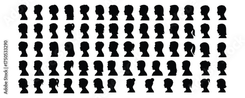 Large Set of Black Head Silhouettes in Profile, Vector Collection of Human Profile Avatars ,silhouette, vector.