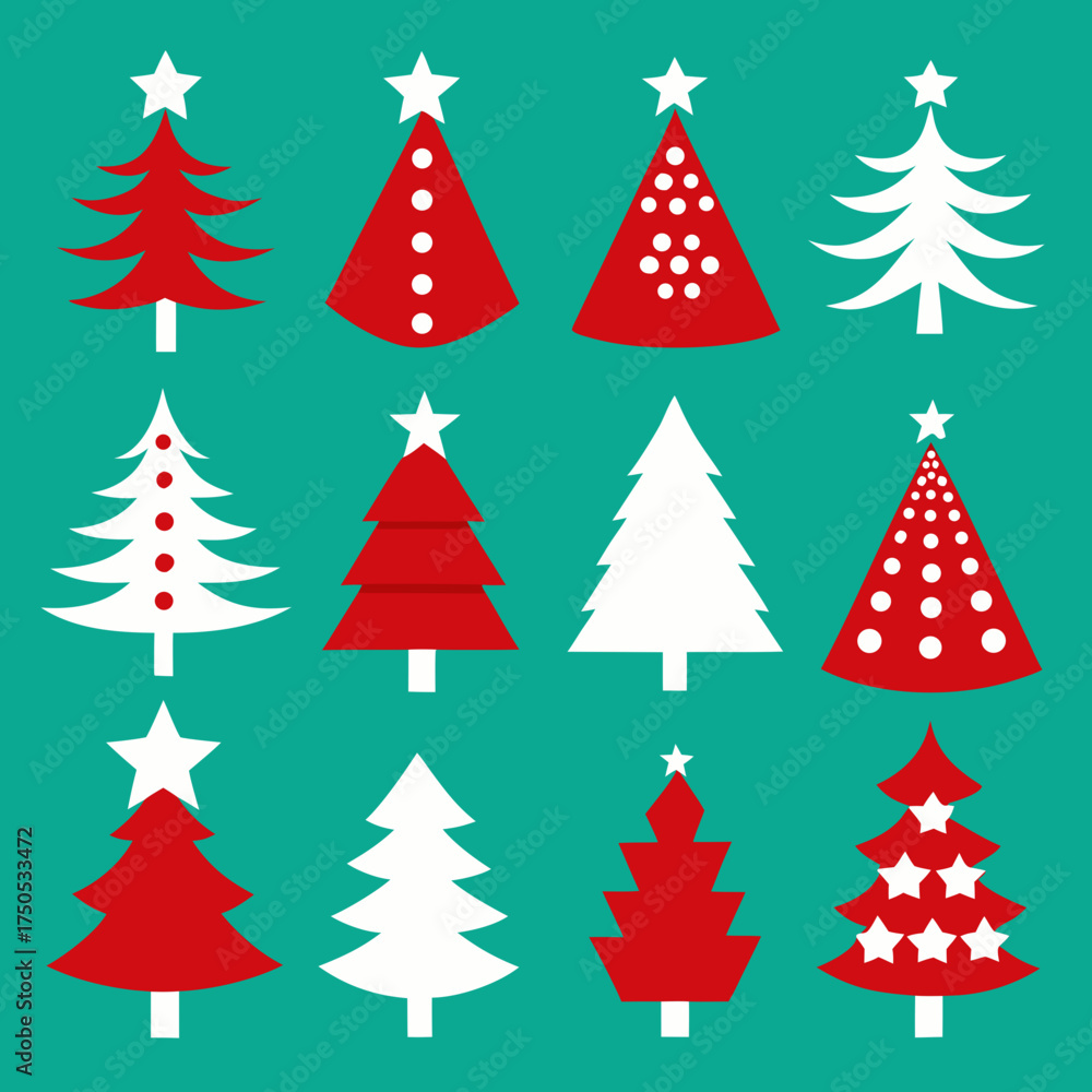 Obraz premium Collection of stylized christmas trees in red and white on a teal background