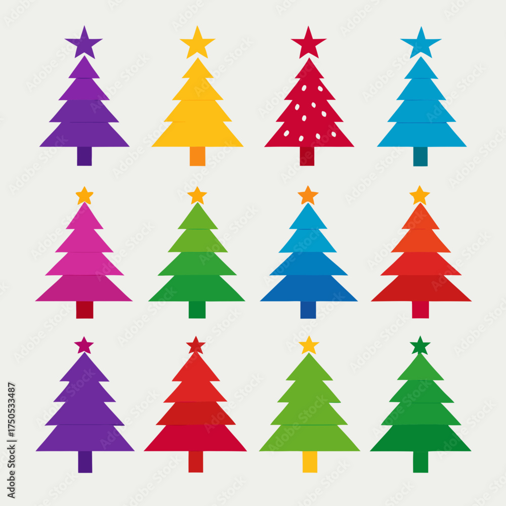 Obraz premium Collection of twelve colorful flat design christmas trees with stars