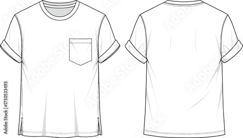 Women’s short‑sleeve T‑shirt technical flat sketch, fashion design template, garment construction drawing, apparel illustration with chest pocket, rolled sleeves, front and back