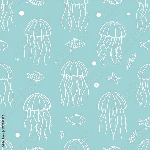 Light blue background featuring hand-drawn jellyfish, fish, and aquatic elements