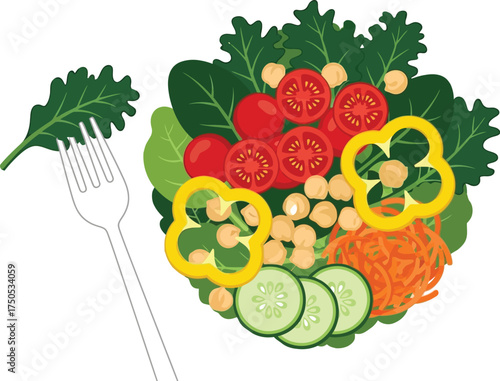 Enjoy vibrant healthy salad with fresh vegetables and fork on white table