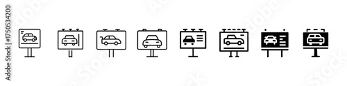 Set of billboard, advertisement, outdoor ad, marketing line icons with car, Billboard, Outdoor Advertising, and Marketing Promotion Icons Set – Roadside Display, Poster, Campaign
