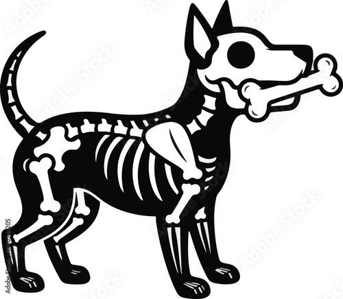 Dog skeleton illustration holding a bone in its mouth isolated on white background for Halloween or spooky themes