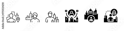 Office Employee Icons Set – Skyscraper, Worker, Location Pin, Businessperson Outline Vector Icons for Corporate Building, Real Estate, Collection of cityscape, urban, profile, avatar line icons
