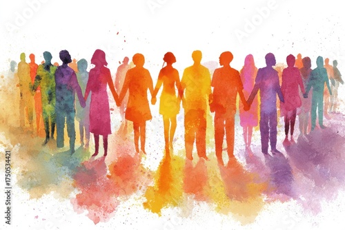 Watercolor silhouettes of people holding hands in a circle