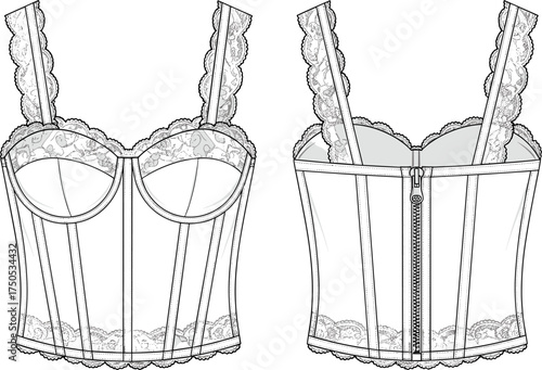 Women’s lace bustier top technical fashion drawing, lingerie garment design illustration, floral lace details, front back view, couture apparel sketch