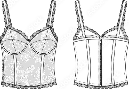 Elegant women’s lace bustier top fashion technical drawing, lingerie inspired garment design, floral lace details, front back view, apparel illustration