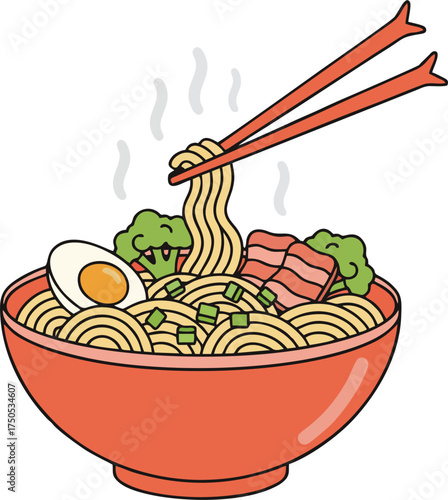 Flat Vector Illustration of Steaming Instant Ramen Bowl with Boiled Egg, Crispy Bacon, Broccoli, Scallions, and Chopsticks