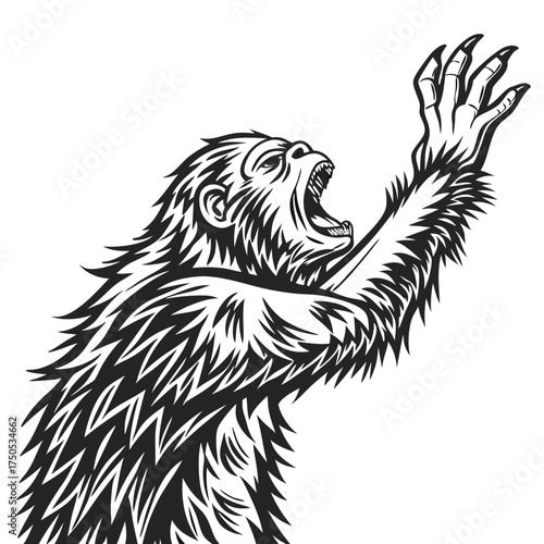 Aggressive monkey illustration in black and white roaring with claws extended design element isolated on white background