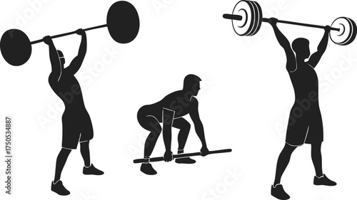 Weightlifting silhouette set featuring a barbell lift clean and jerk illustration for fitness and exercise infographics