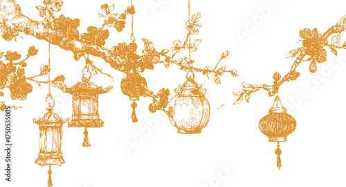 Golden hand drawn cherry blossom branch with multiple lanterns. Elegant oriental illustration combining tradition, nature, and festive luxury.