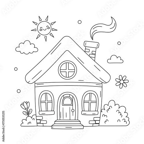 Whimsical House Coloring Page with Sun and Clouds Illustration.