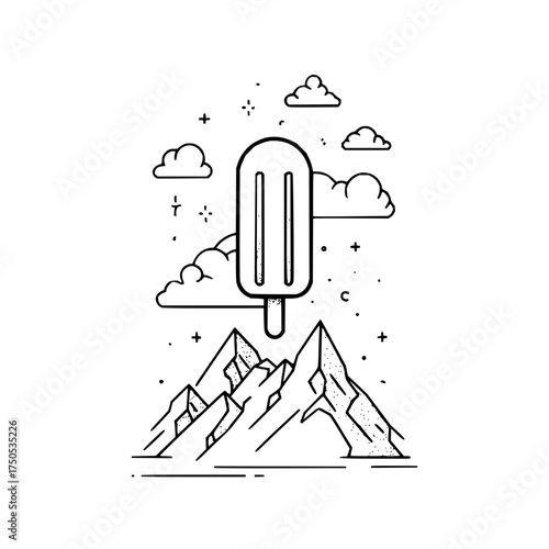 Vector art of popsicle over mountain peaks line art illustration