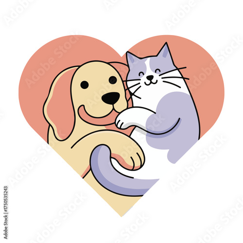 Dog and Cat Inside Heart Shape — Flat Vector Illustration in Pastel Colors