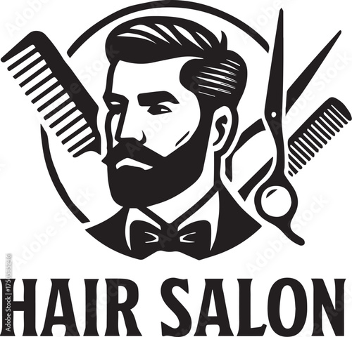 Hair salon logo vector illustration in black and white with bearded man, bow tie, scissors and comb for grooming, style and barber branding themes