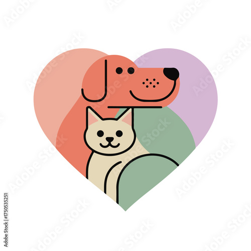 Dog and Cat Inside Heart Shape — Flat Vector Illustration in Pastel Colors