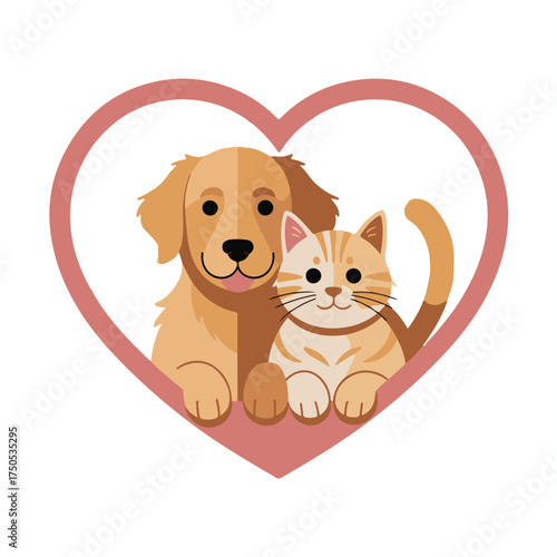 Dog and Cat Inside Heart Shape — Flat Vector Illustration in Pastel Colors