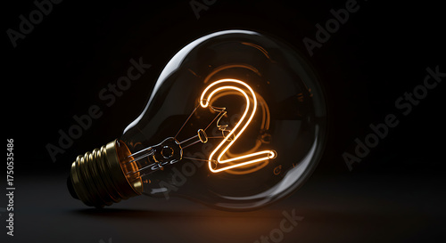 Illuminated number two inside a classic incandescent light bulb, representing a new concept, progression, or a secondary brilliant idea