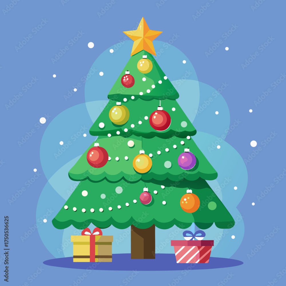 Obraz premium Vector art of christmas tree decorated with star, ornaments and gifts on blue background