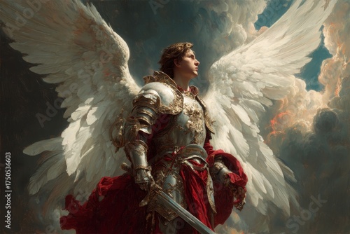 Majestic armored angel with wings and sword emerging through dramatic heavenly clouds.
