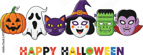 Happy Halloween cartoon characters including a pumpkin ghost cat witch Frankenstein and vampire illustration for holiday designs