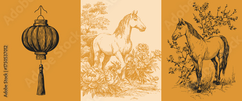 Pencil hanging lantern, horse with peonies, horse with blossom branches. Hand drawn detailed line art. Lunar New Year set