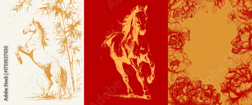 Rearing horse with bamboo, running horse on red background, floral peony frame. Elegant pencil draw line art sketchy illustrations. Year of the Horse.