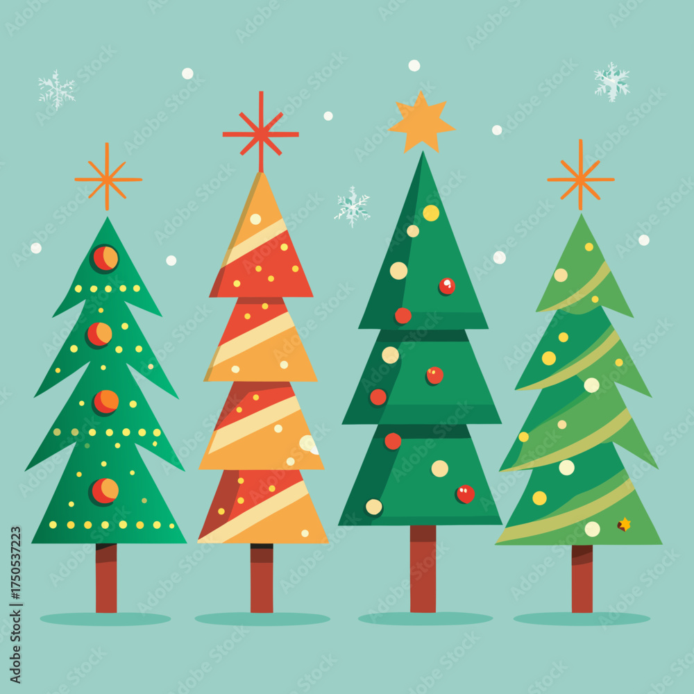 Obraz premium Vector art of four christmas trees with decorations and star on top on a light blue background
