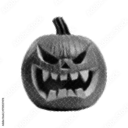 Trendy halftone  Halloween element, Carved Jack o lantern pumpkin with scary face,cut out element from paper