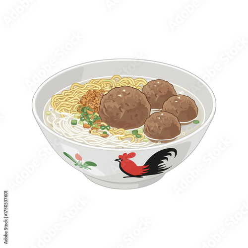 Indonesian Meatball Noodle Soup Illustration