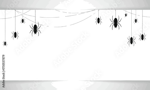 Hanging spider silhouettes with cobwebs simple illustration for Halloween decoration isolated on white background