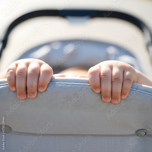 Babys Grasp - Tiny Hands Holding onto Strollers Edge.