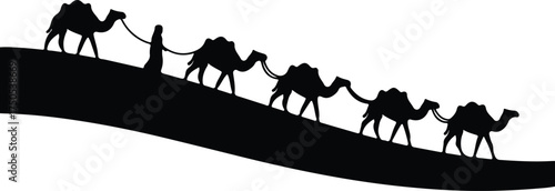 Vector silhouette caravan of camels with guide on sand illustration