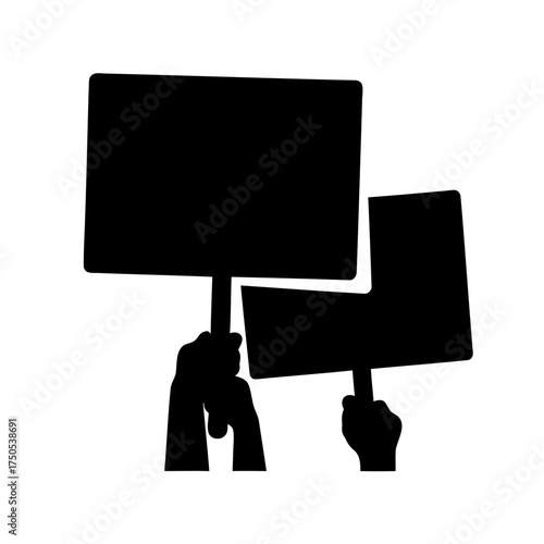 Silhouette of hands holding up protest signs in a public demonstration