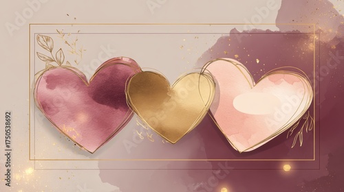 Three watercolor hearts with gold line art on abstract pastel background.