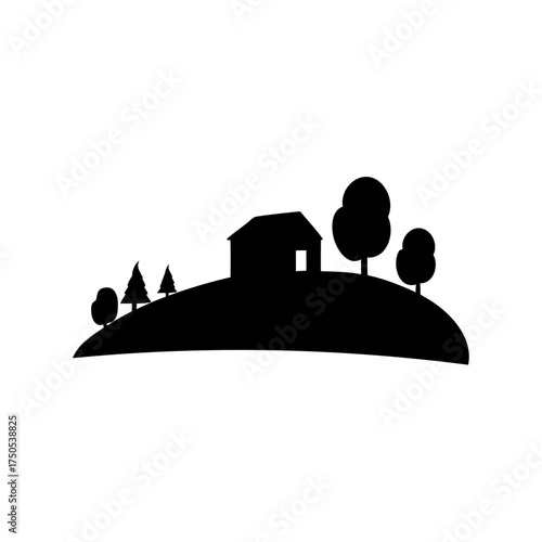 Silhouette image of a house on a hill with trees around it