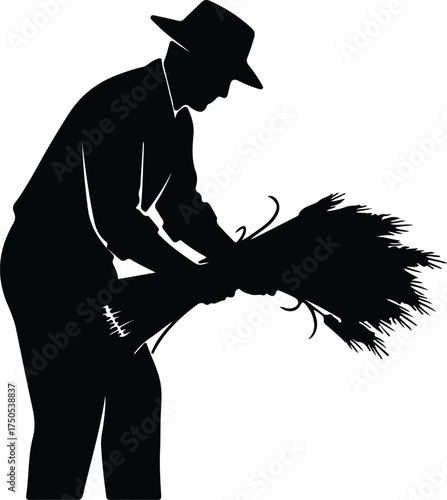 Vector silhouette farmer harvests wheat with scythe illustration