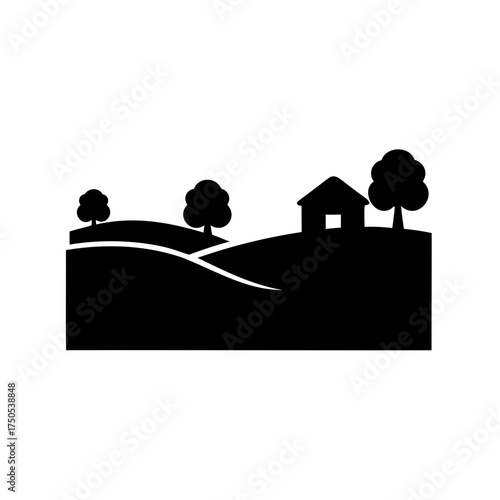 Black and white silhouette image of landscape with house and trees