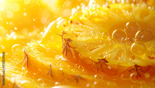 Pineapple juice bubble on yellow pulp, super close-up