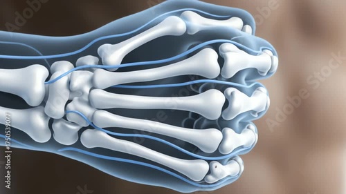 Close-Up 3D Animation of Human Fist Revealing Hand Bones and Vascular System