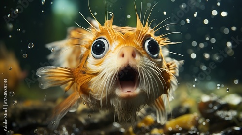 A young, surprised-looking pufferfish with wide, curious eyes and an open mouth, surrounded by shimmering bubbles in its aquatic habitat.