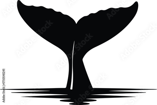 Vector silhouette whale tail above water surface illustration