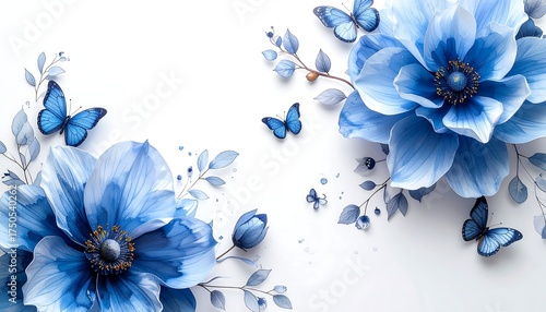 Watercolor illustration of blue flowers and butterflies on a white background